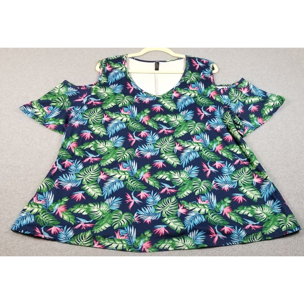 Allegrace Top Women 2X Plus Blue Pink Tropical Leaf Floral Cold Shoulder Stretch